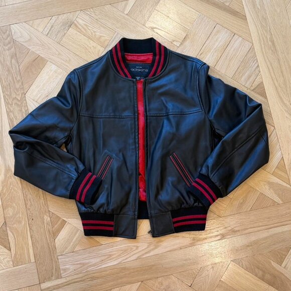 Black/Red Leather Varsity Bomber Jacket - Picture 1 of 3